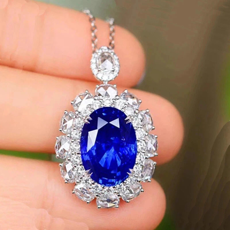 6.50Ct Oval Cut Natural Blue Sapphire & Diamond 14K White Gold Luxurious Pendant
