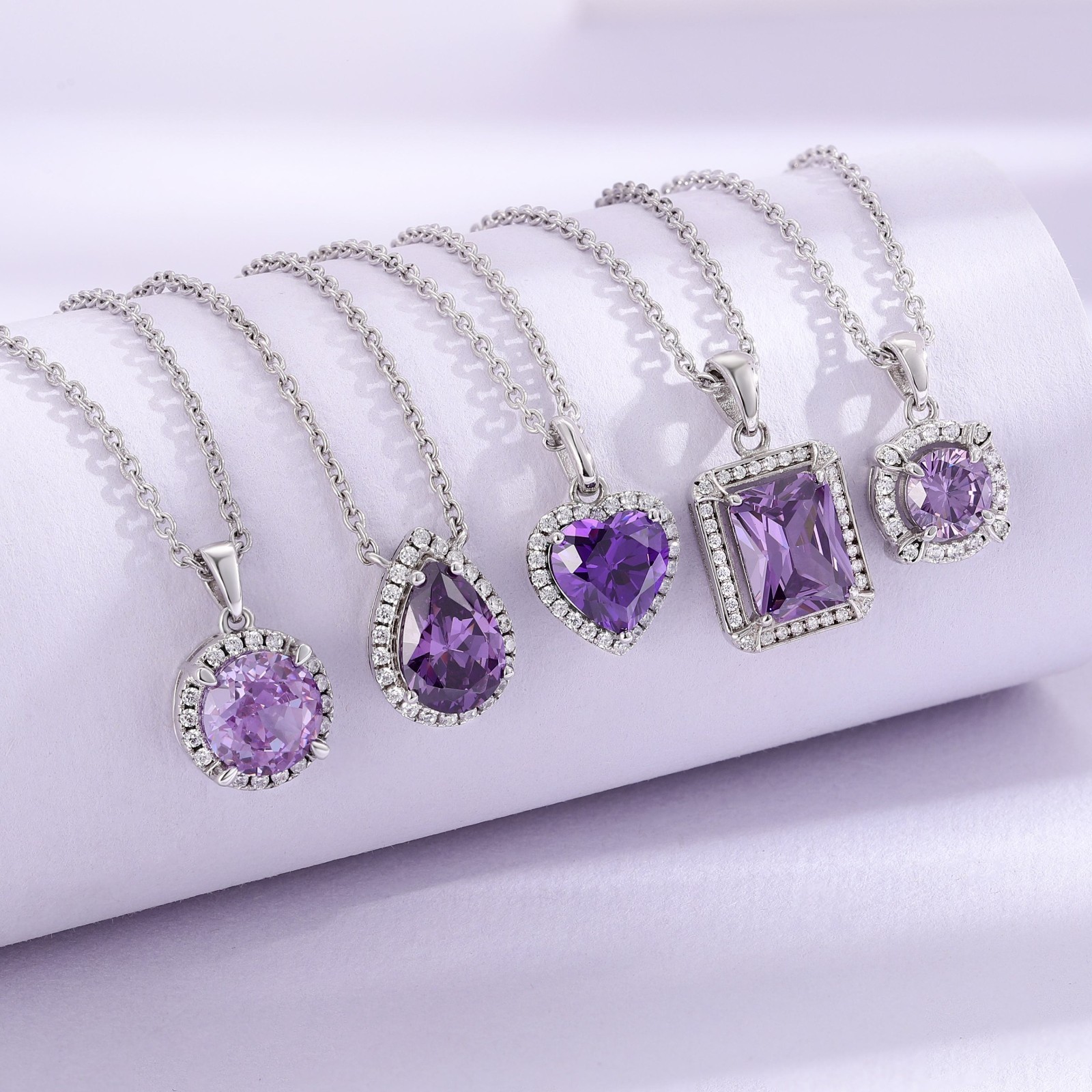925 Sterling Silver Pear Purple Amethyst Halo Pendant Necklace Elegant Jewelry