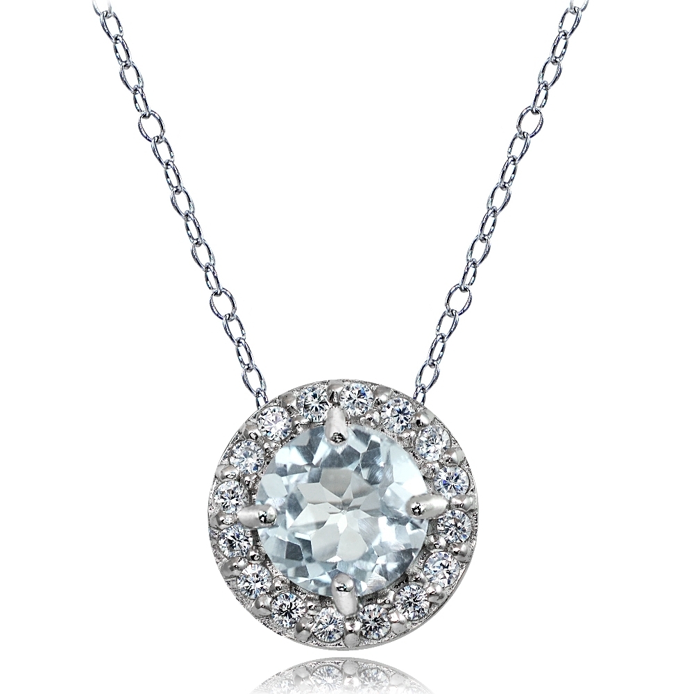 Sterling Silver Very Light Aquamarine and White Topaz Round Halo Necklace
