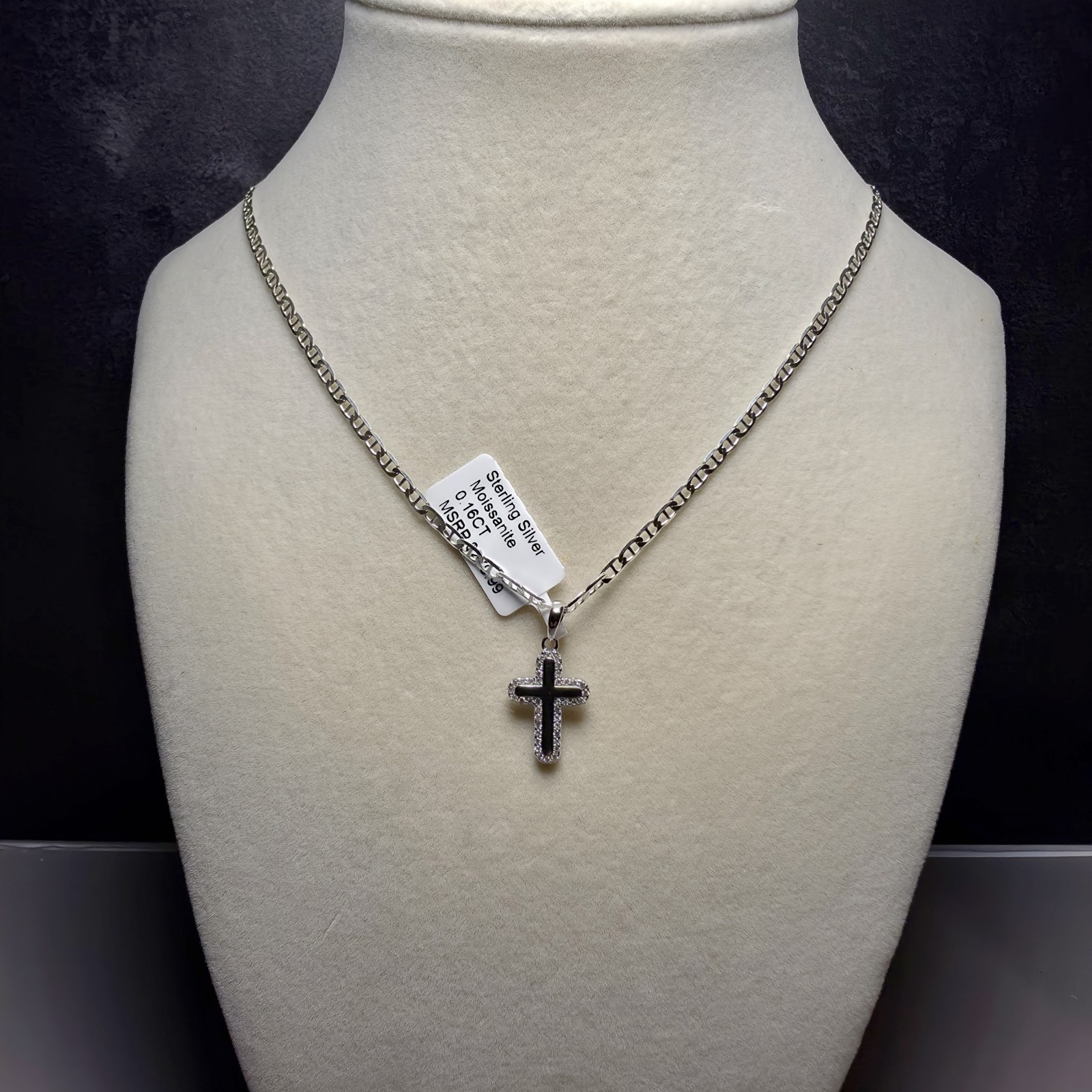 0.16 ctw Moissanite Cross Pendant Necklace, 2.7mm Mariner Link Chain 18″ in 925