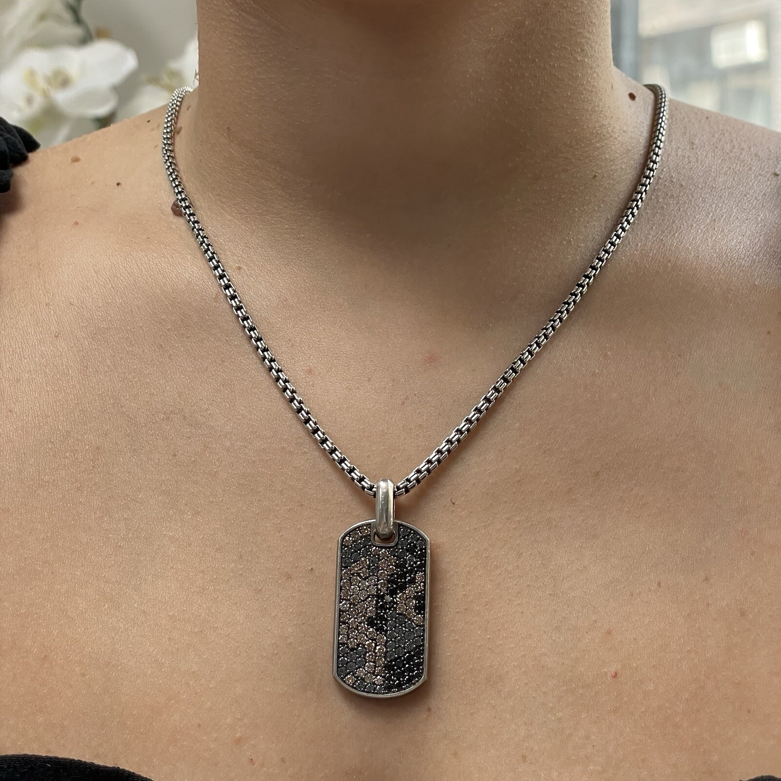 David Yurman Silver Diamonds & Garnets Chevron Tag Pendant Necklace $5000 Retail