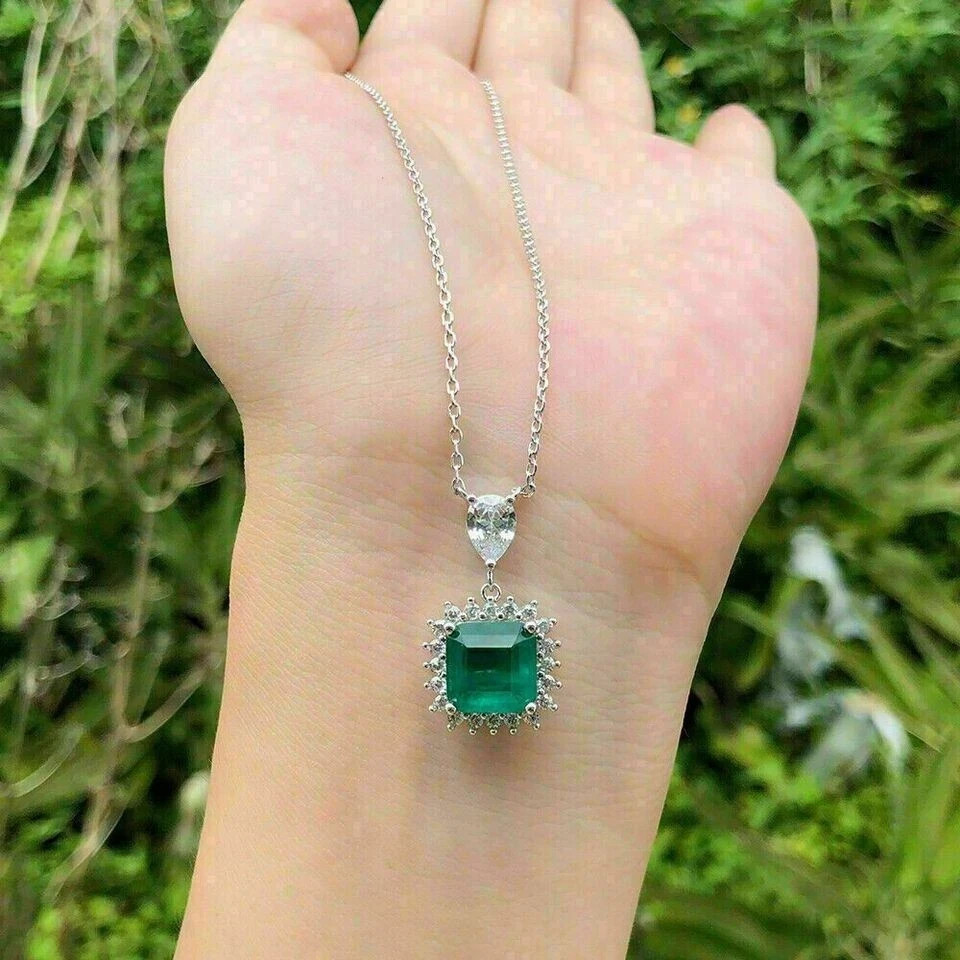 3Ct Asscher Cut Lab Created Emerald 14K White Gold Plated Halo Pendant Necklace