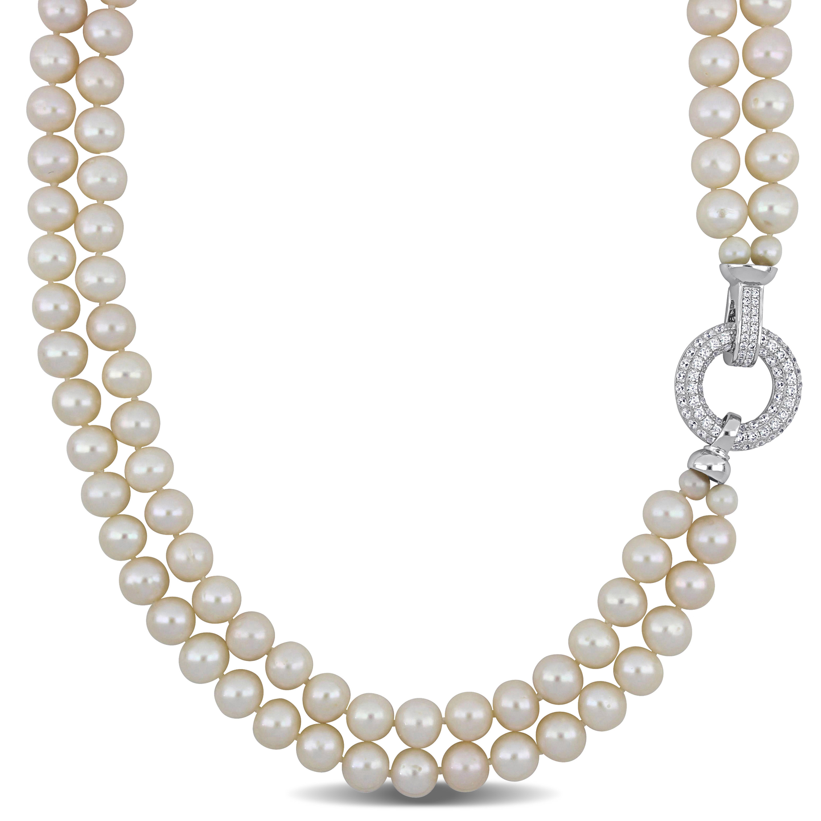 Amour Silver 7-8mm Freshwater Pearl 2-Strand Cubic Zirconia Clasp – 16-17 in.