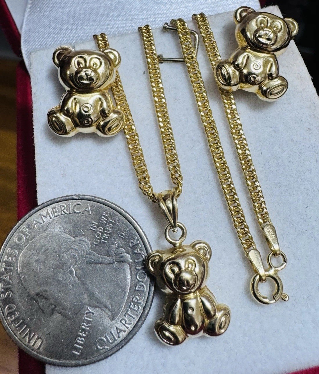 Pure 18C 18K 750 Dubai Gold Set Bear Earring Necklace 15.6/16” Inch 6.5g 2.2mm