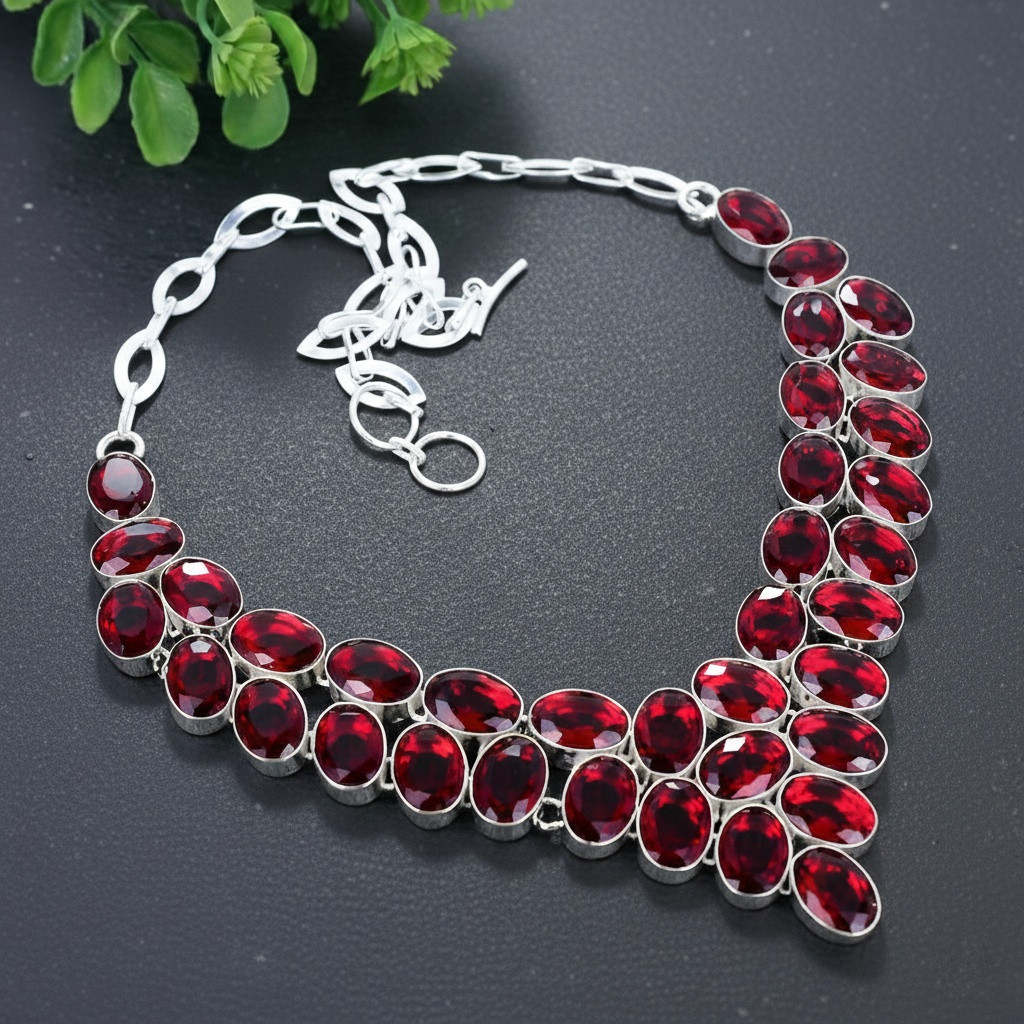 Red Garnet Gemstone Silver Necklace 925 Sterling Silver Women’s Jewelry Necklace