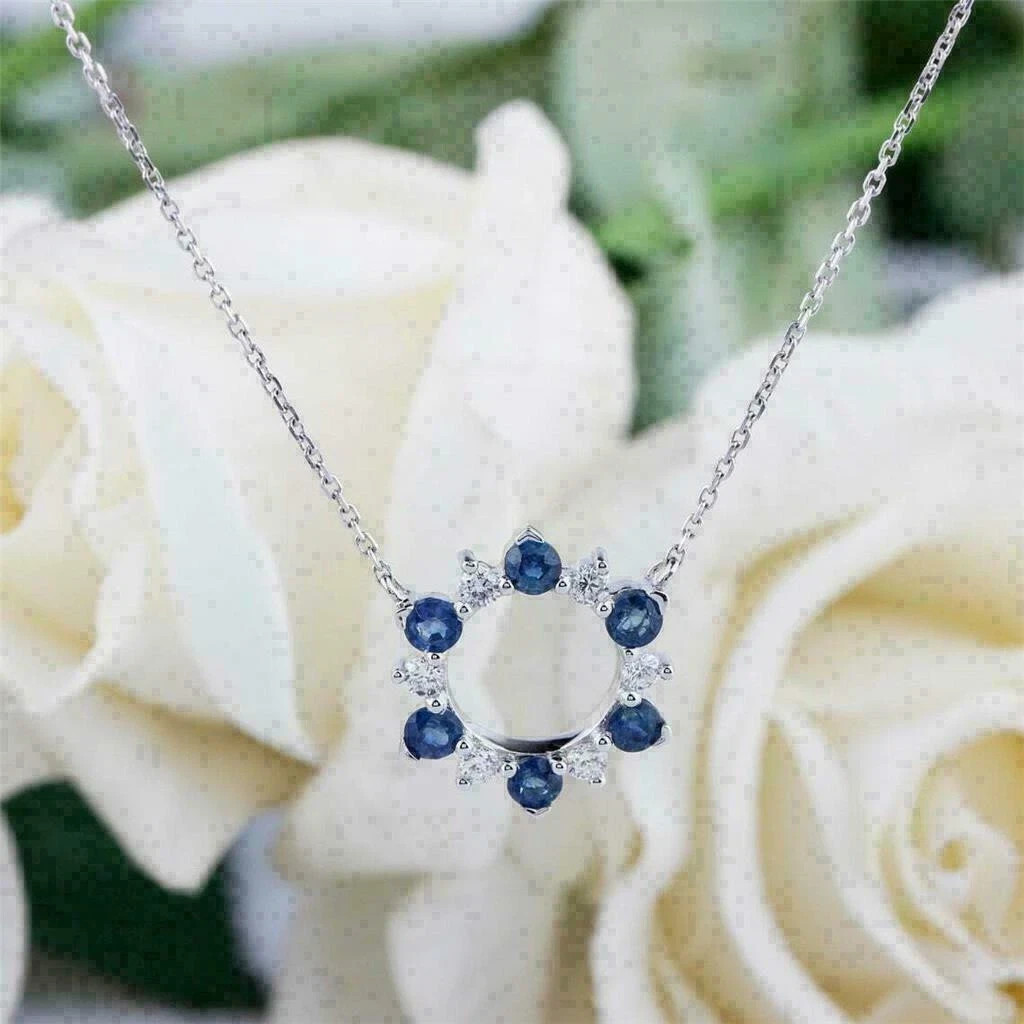 2Ct Round Cut Blue Sapphire & Diamond Pendant 14K White Gold Finish Free Chain