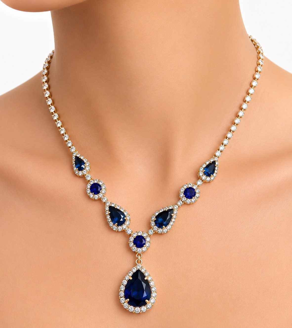 15Ct Pear Cut Lab Created Sapphire Women’s Tennis Necklace 14K White Gold Plated