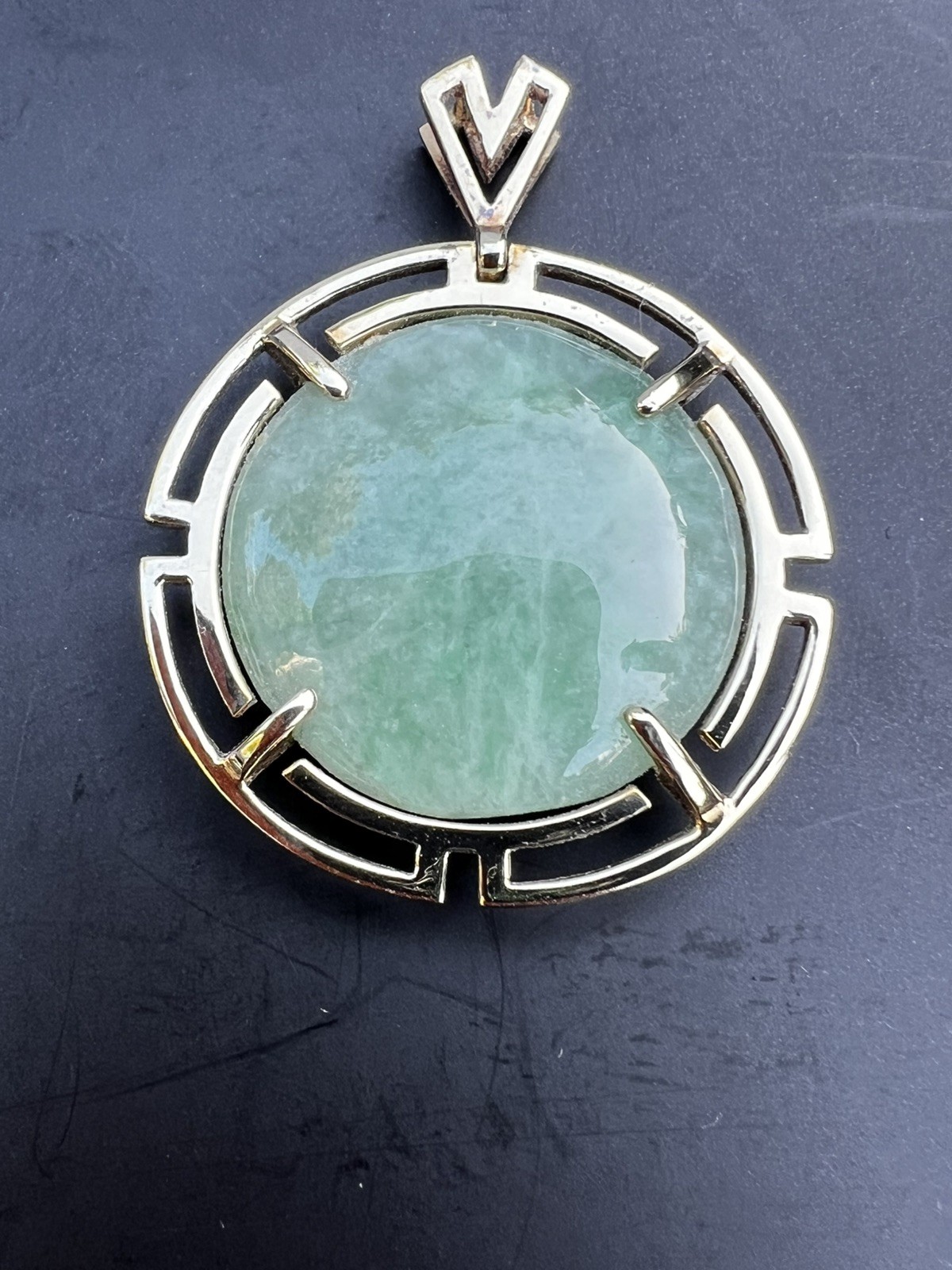 FINE HK 14k Yellow Gold Chinese Green Jade Disc Greek Key Pendant 8.5gr Jewelry