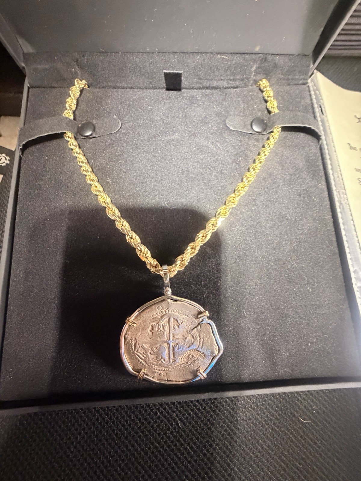 18K Kneckless 22” Long 1/4 Thick With Ship Wrecked Coin Discovered And Authentic