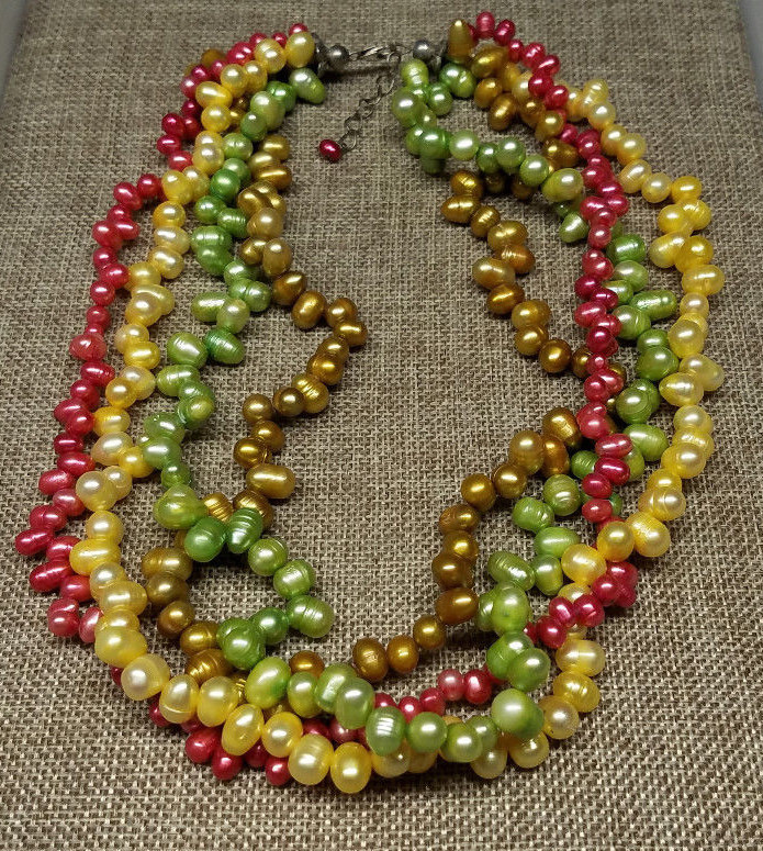 18” 7-9mm 4 Strand Sterling Silver Freshwater Pearl Necklace – Amber Red Green
