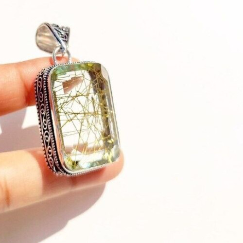 925 Sterling Silver Pendant Handmade Jewelry Golden Rutilated Quartz Gemstone