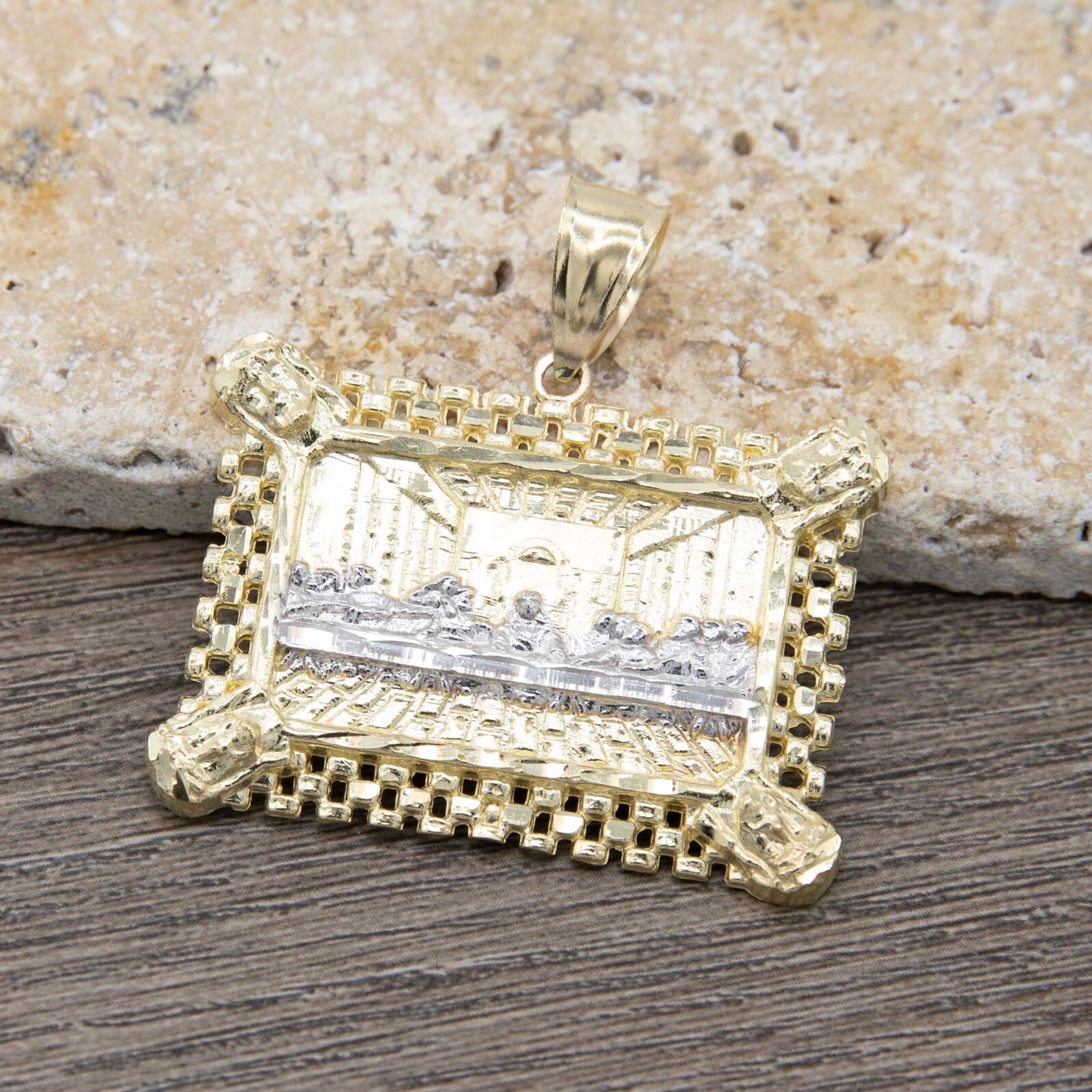 Rectangle Railroad-Frame Last Supper Pendant Real 10K Yellow White Gold All Size
