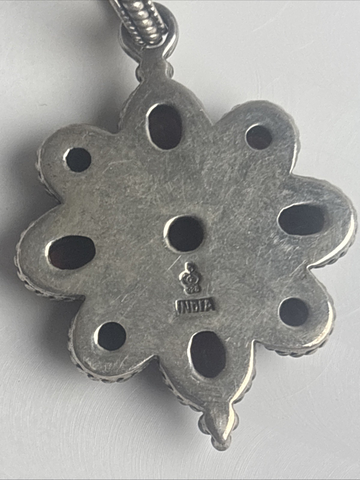 India Made Sterling Silver 925 Cluster Flower Garnet Stones Pendant 2″ Long