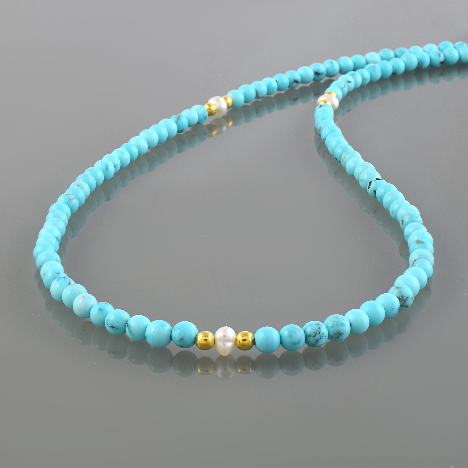 Natural Blue Turquoise 3mm Beaded Necklace 925 Sterling Silver 18″ Handmade Gift