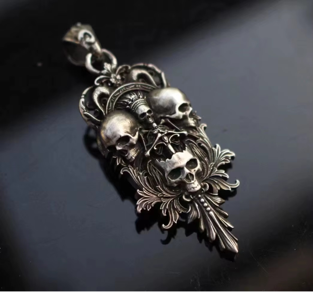 S925 Silver Do Old Craft Don Grass Sword Flower Skulls Pendary Men’s Pendary Pen