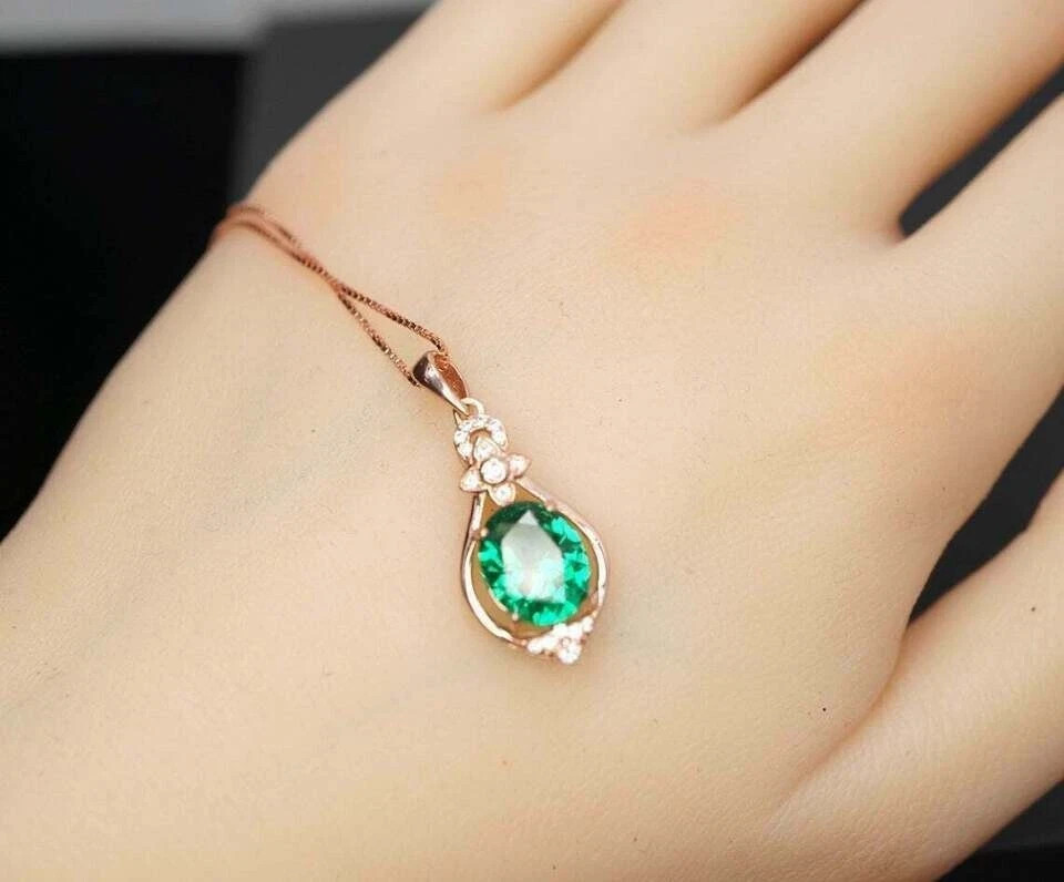 2Ct Oval Cut Green Emerald Flower Dangle Pendant 14K Rose Gold Over Free chain