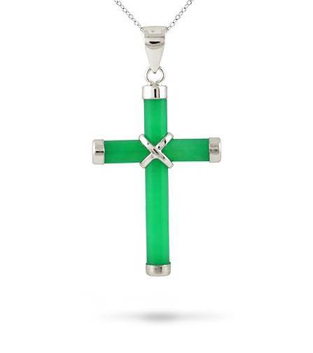 Sterling Silver Green Jade Cross Pendant .925 18 Inch Chain 1 1/2″ Drop