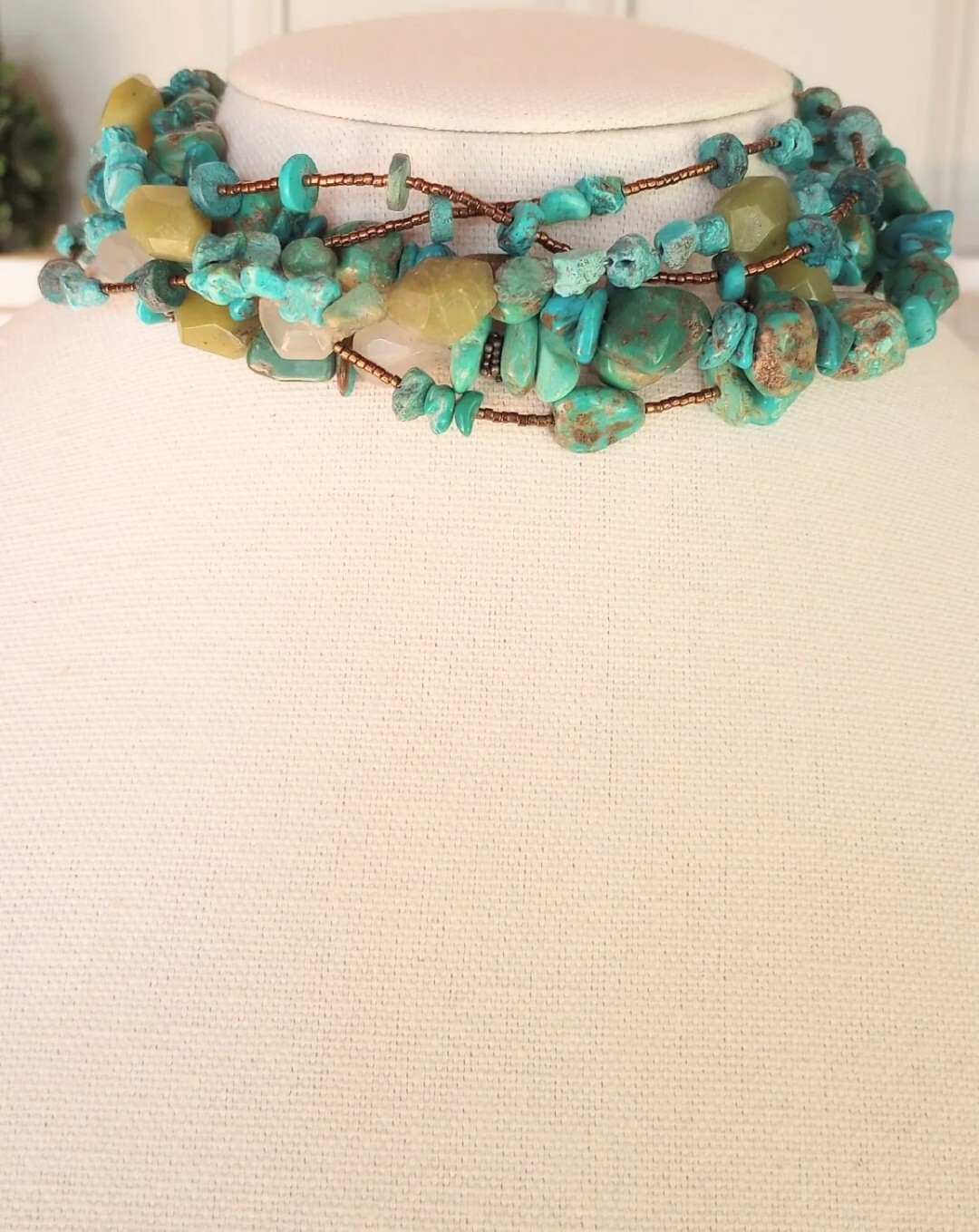 Vintage ? Native American ?Stone Bead Choker 6Row Necklace Turquoise Nuggets 925