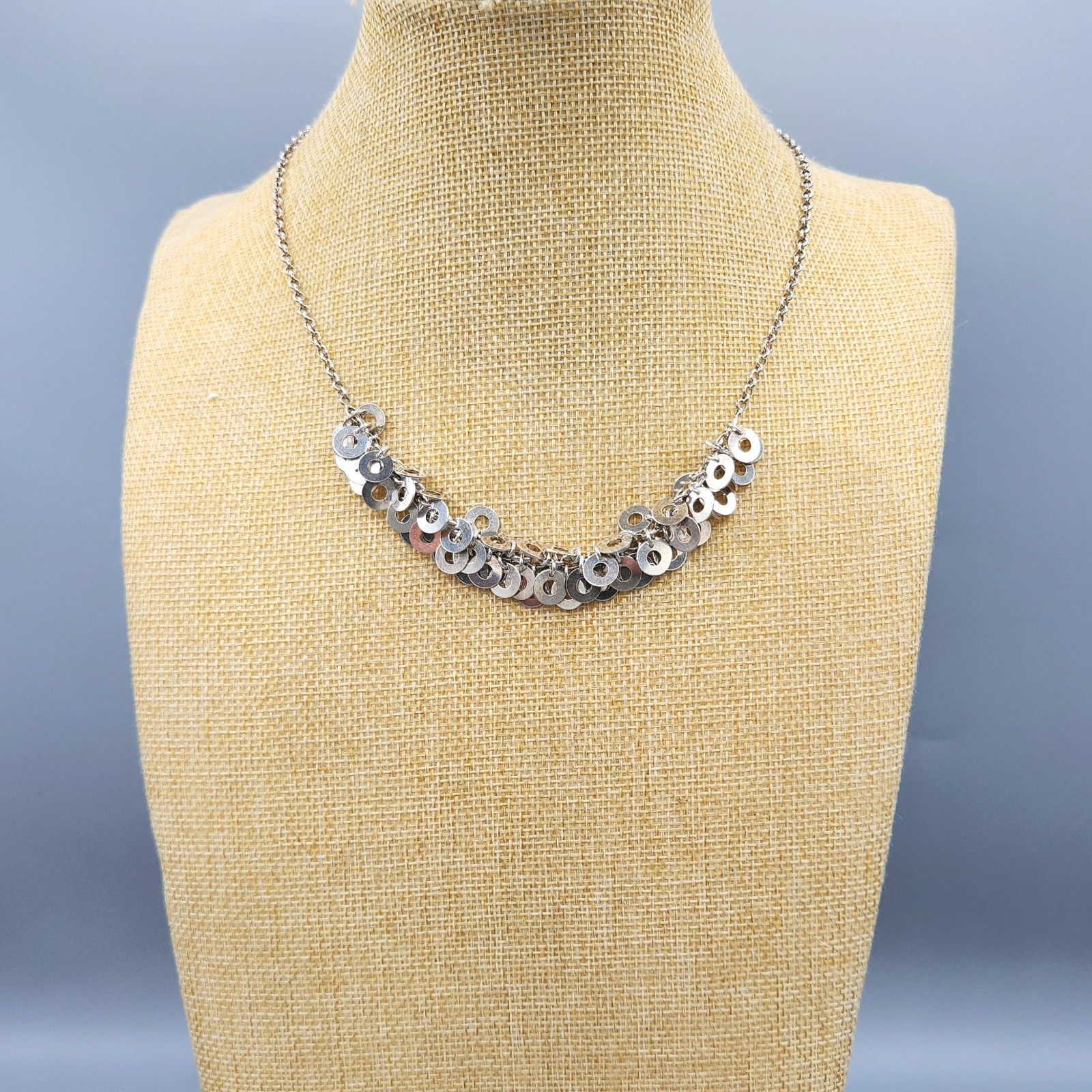 Solid Silver Sterling Disc Charm Dangle Fringe Chain Necklace 17″ 24.8g