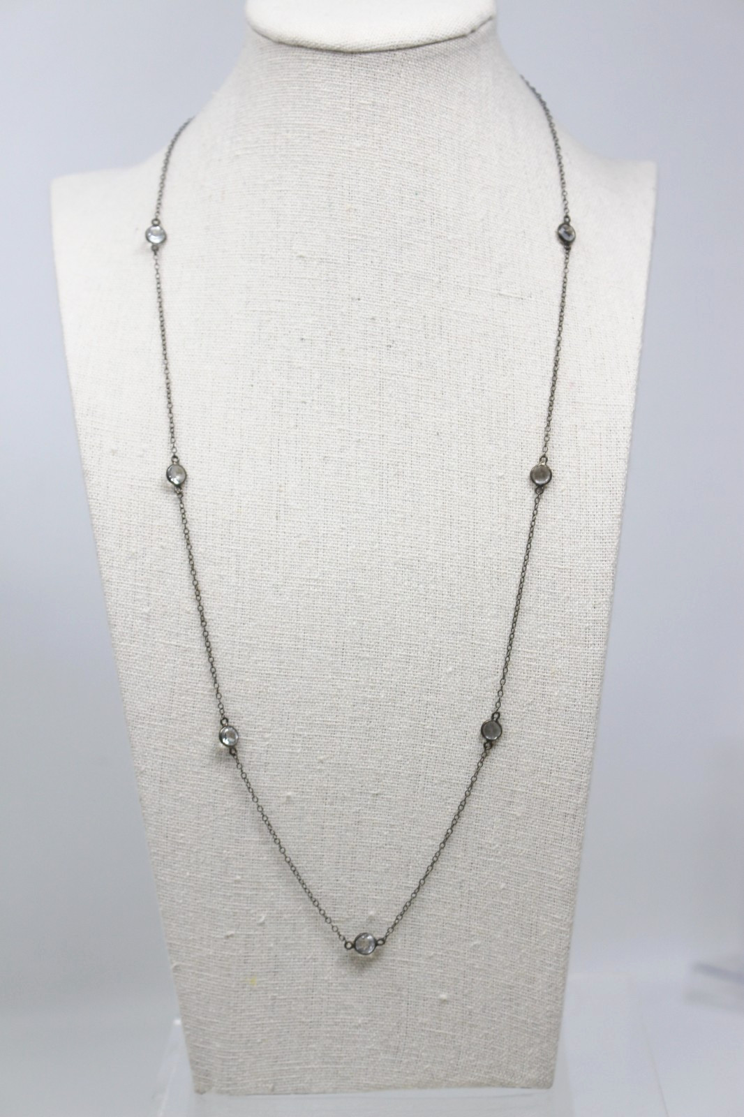 SB Vintage Sterling Silver 925 Bezel Set 24″ Crystals Chain Necklace India