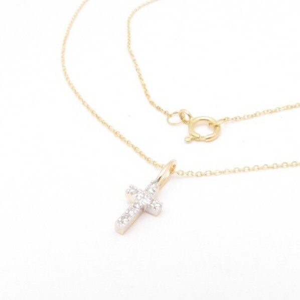 14K SOLID YELLOW GOLD TINY NATURAL DIAMOND CROSS DAINTY PENDANT NECKLACE MINI