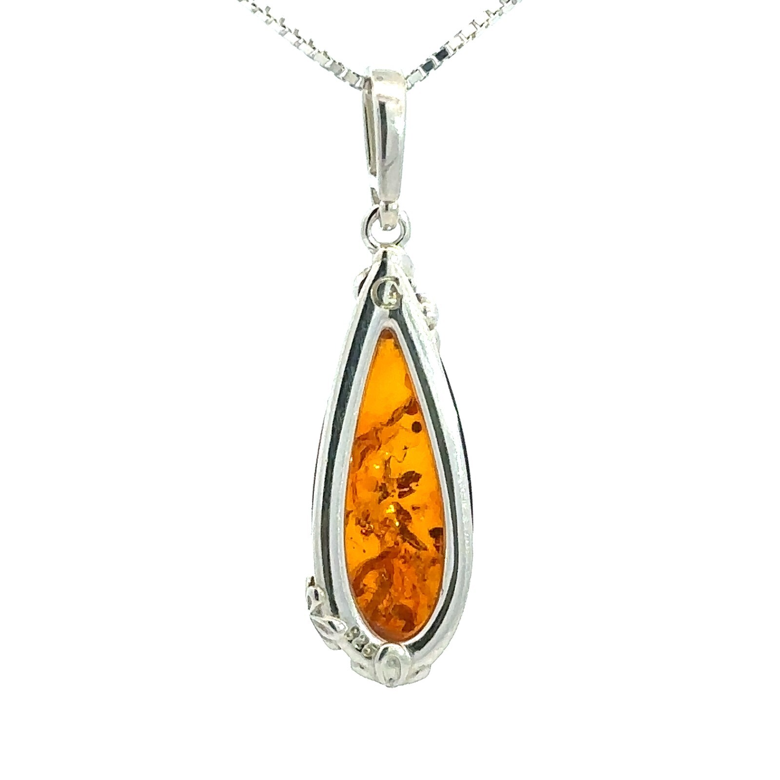 Sterling Silver Baltic Amber Pendant With Flowers (3/8 x 1 1/2 Inch)