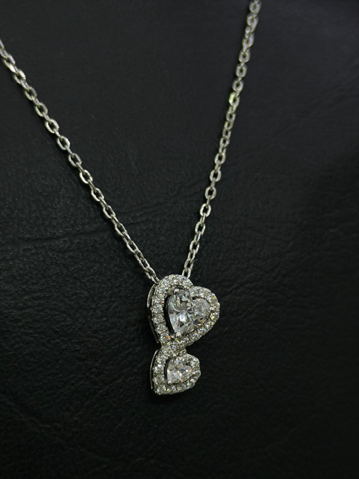 Sterling Silver 925 CZ Double Heart Pendant Necklace Halo Design