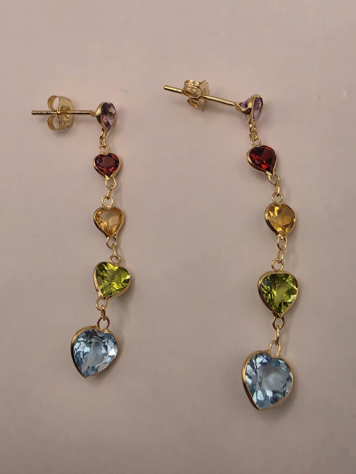 14K Yellow Gold Multi Gemstone Drop Earrings Amethyst Garnet Citrine Peridot Blu