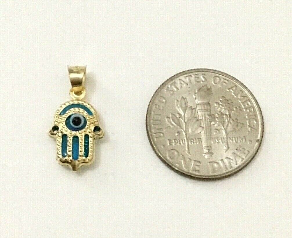 14K SOLID GOLD HAMSA BLUE EVIL EYE PENDANT/14K ORO PURO DIJE DE MANO Y OJO-17mm