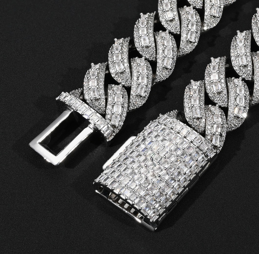 20MM Silver Plated, VVS Moissanite Baguette Cut Raised Pointer Cuban Link Chain