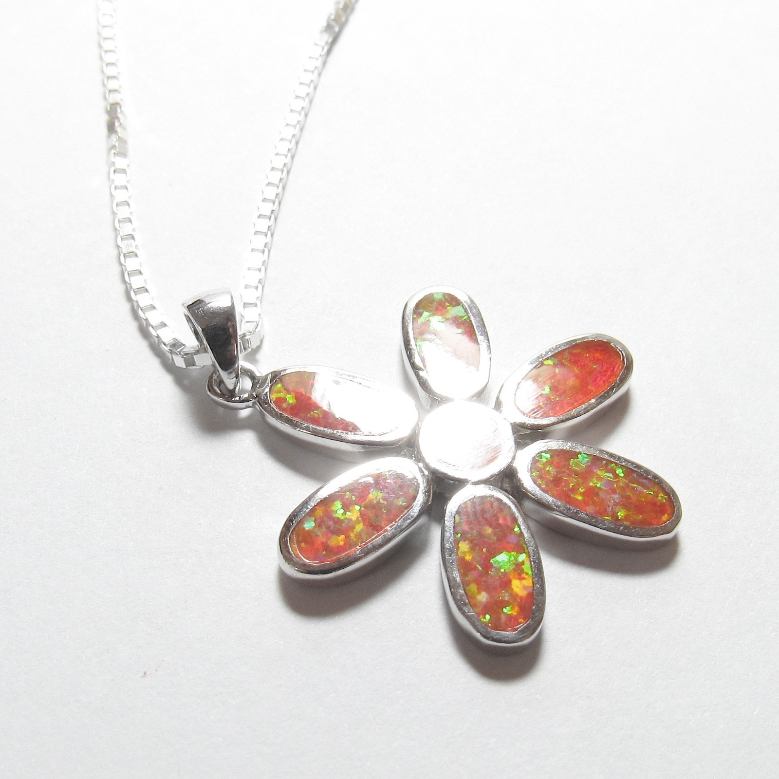 Sterling Silver Lab Created Orange Fire Opal Daisy Flower Pendant And Box Chain