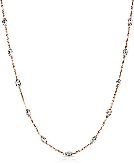 925 Sterling Silver Rose Gold 3MM Diamond Cut Station Oval Moon Bead Necklace
