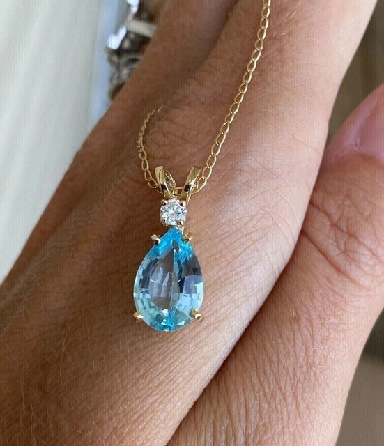 3Ct Pear Cut Aquamarine Lab-Created Women Wedding Pendant 14K Yellow Gold Plated