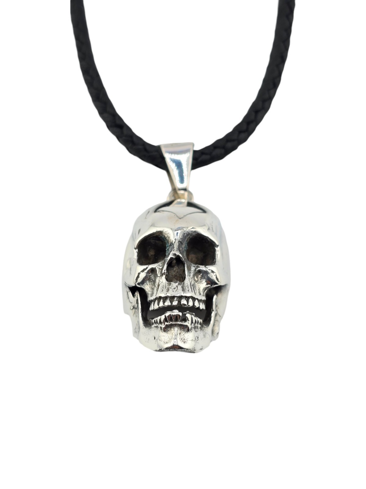 Handmade Solid 925 Sterling Silver Skull Pendant with Handwoven Leather Necklace