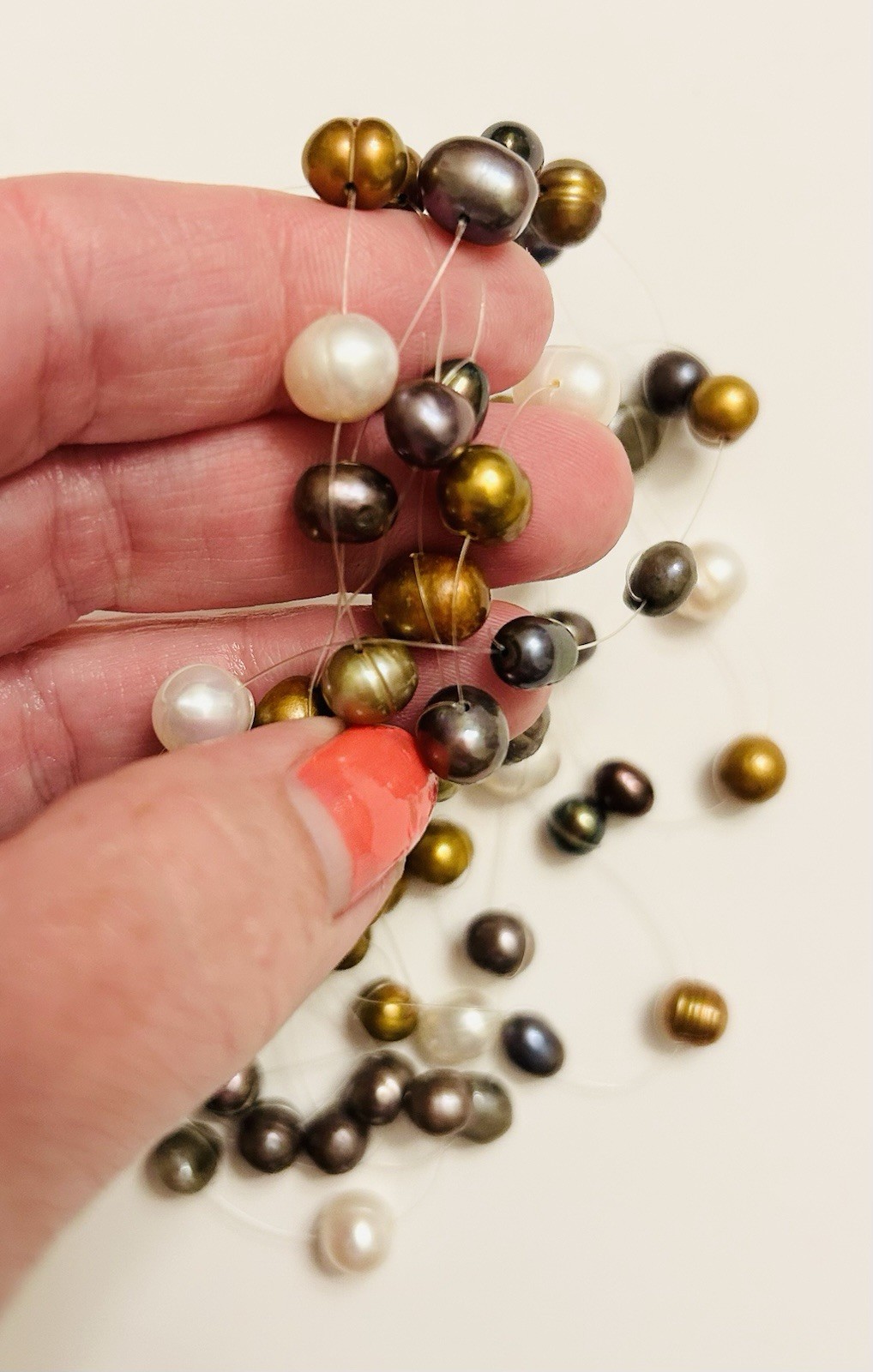 Sterling 925 Multi Strand Necklace Pearl Tahitian Colorful Invisible String