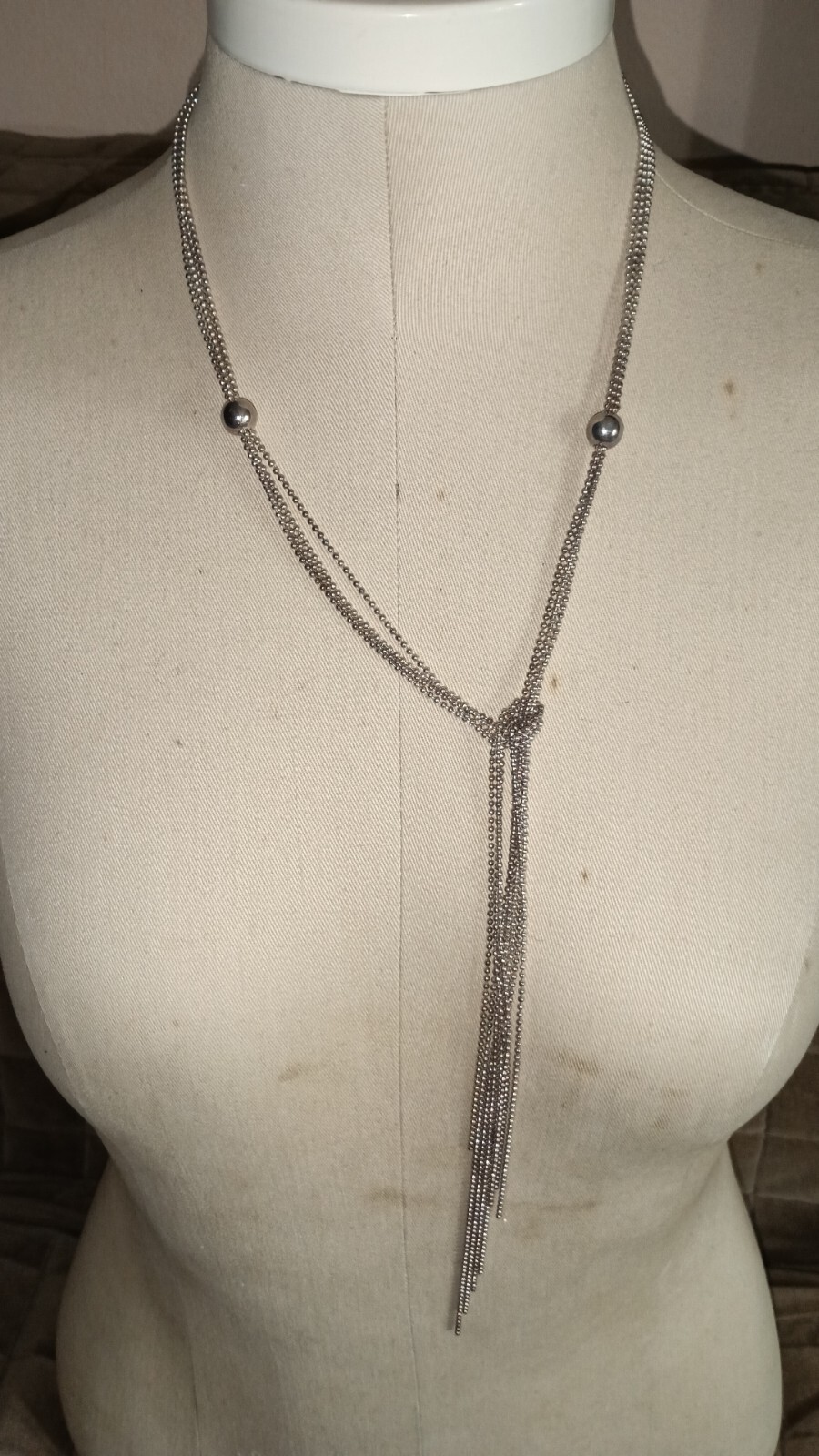 Milor Italy Sterling Silver Ball Chain Tassel Lariat Long Necklace 36 In