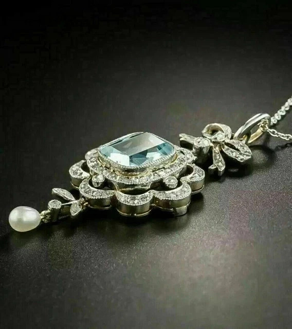 2.40 Ct Cushion Cut Lab Created Aquamarine Halo Pendant 14K White Gold Plated