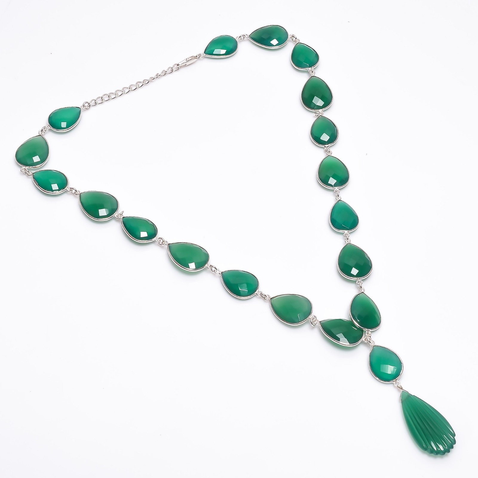 Exclusive Green Onyx Pear Gemstone Charm Necklace Silver or Gold Plated Chain