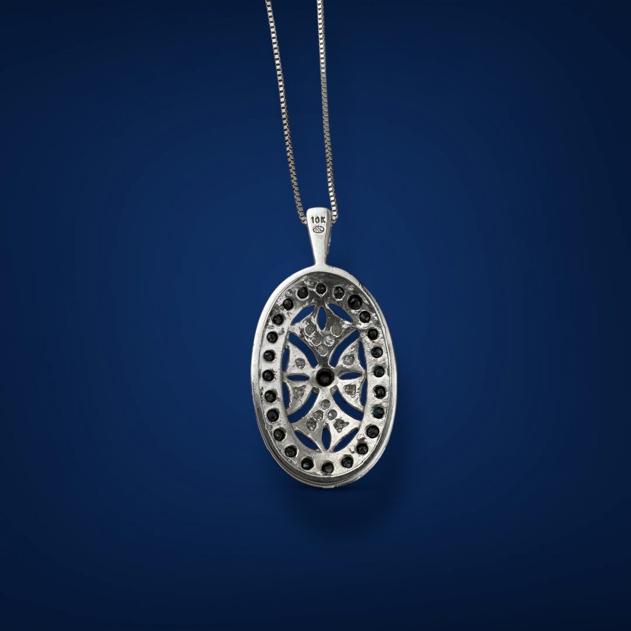 Vintage Inspired 10k White Gold Black Sapphire Diamond Pendant Necklace 18″ 2.1g