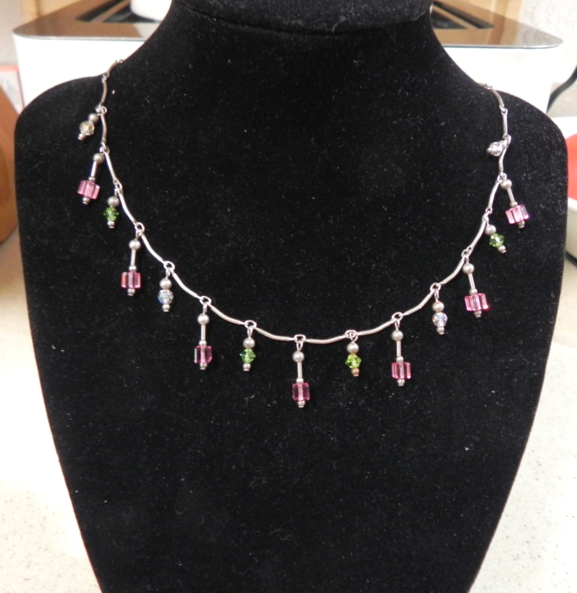 Dainty Sterling Silver Drop Station Necklace Curved Bar Link Pink crystal beads