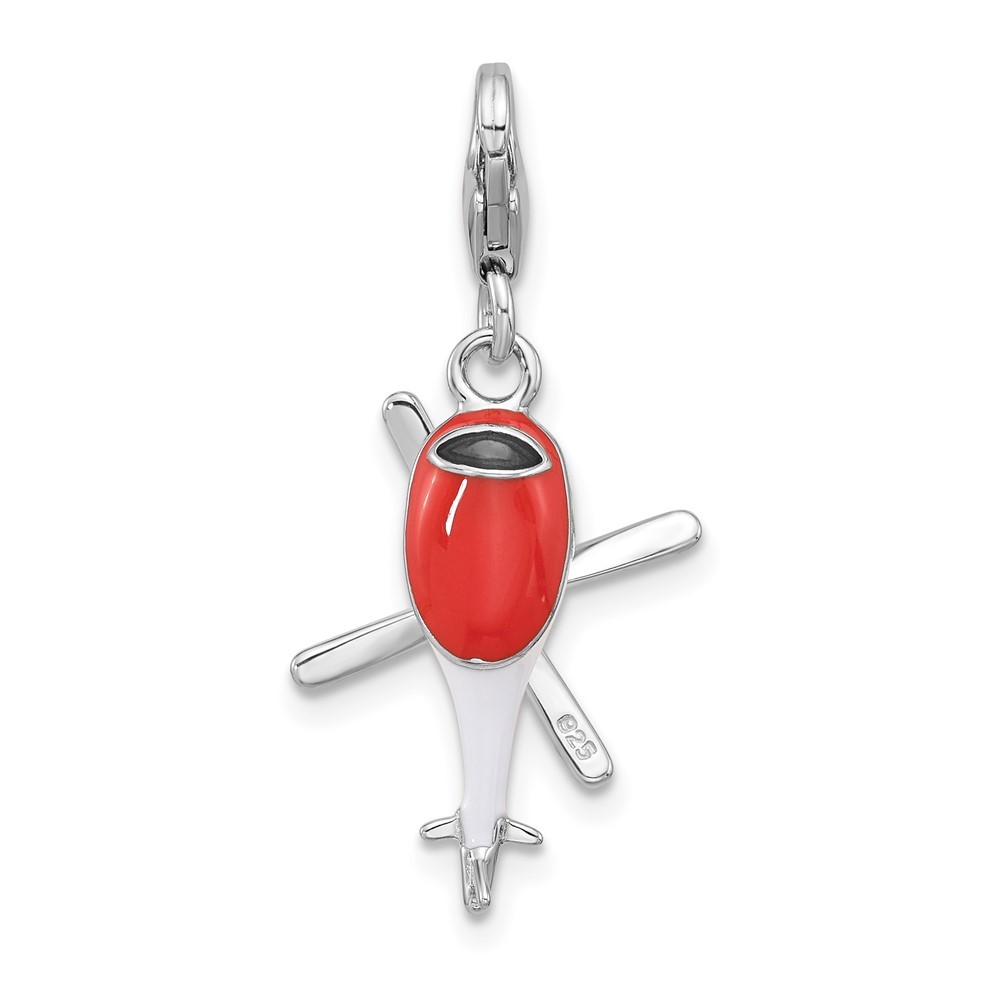 Sterling Silver 3-D Moveable White/Black and Orange Enameled Helicopter Pendant