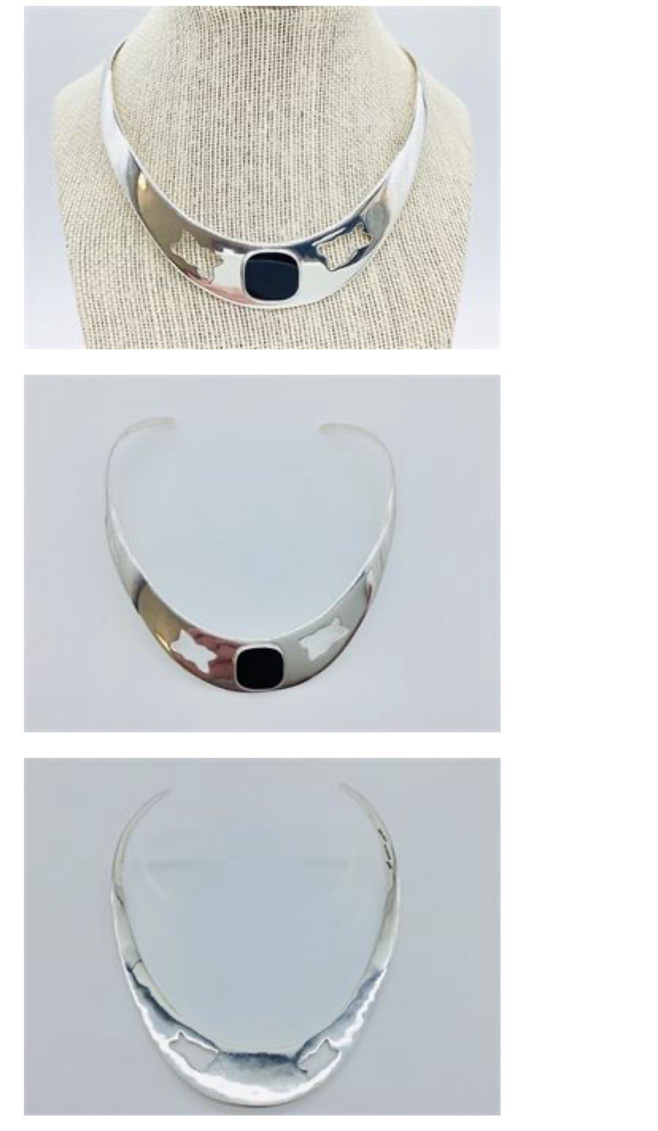 Sterling Silver 925 Black Onyx Collar Choker Wire Hook Bezel Signed TW-115
