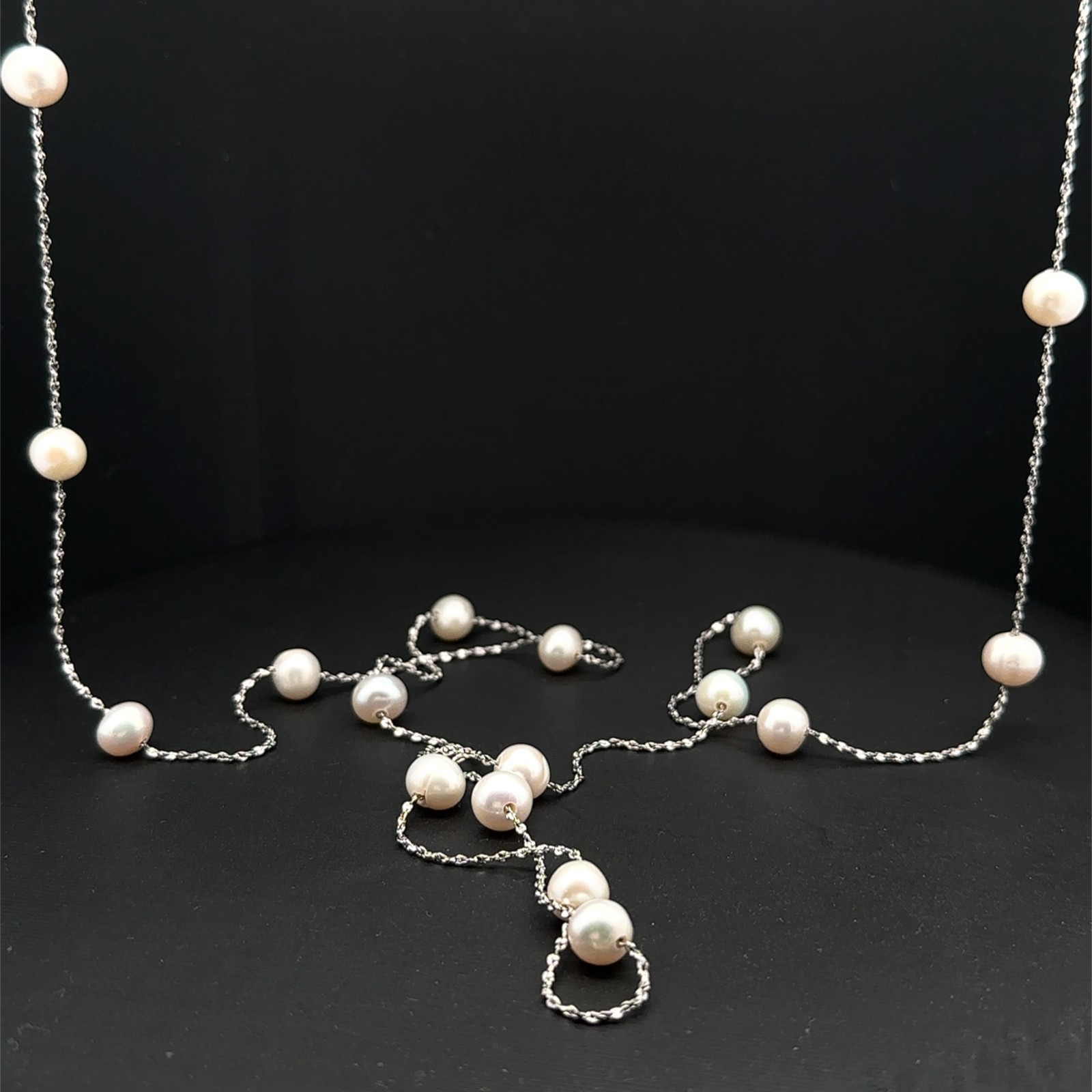 Sterling Silver White Freshwater Pearl Thin Chain Necklace (7.5mm Pearls) 36 In.
