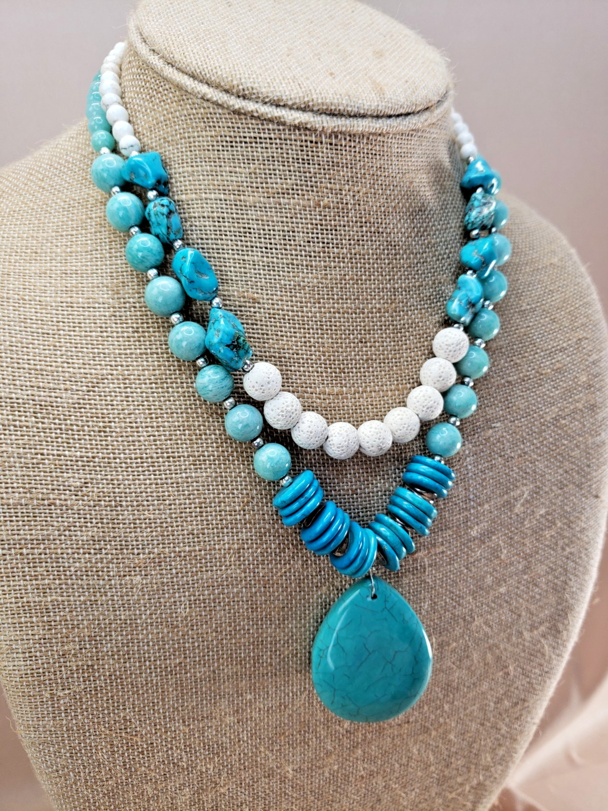 Sterling Silver Amazonite Turquoise Lava Bead Howlite Pendant Necklace S925