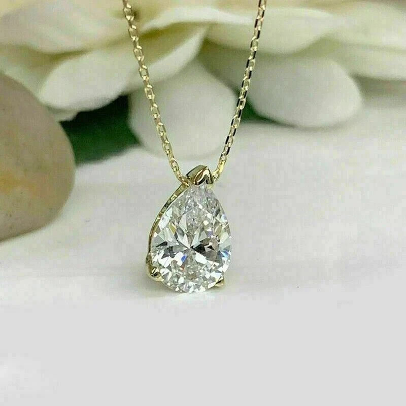 2Ct Pear Cut Lab-Created Diamond Solitaire Pendant Chain 14K Yellow Gold Plated