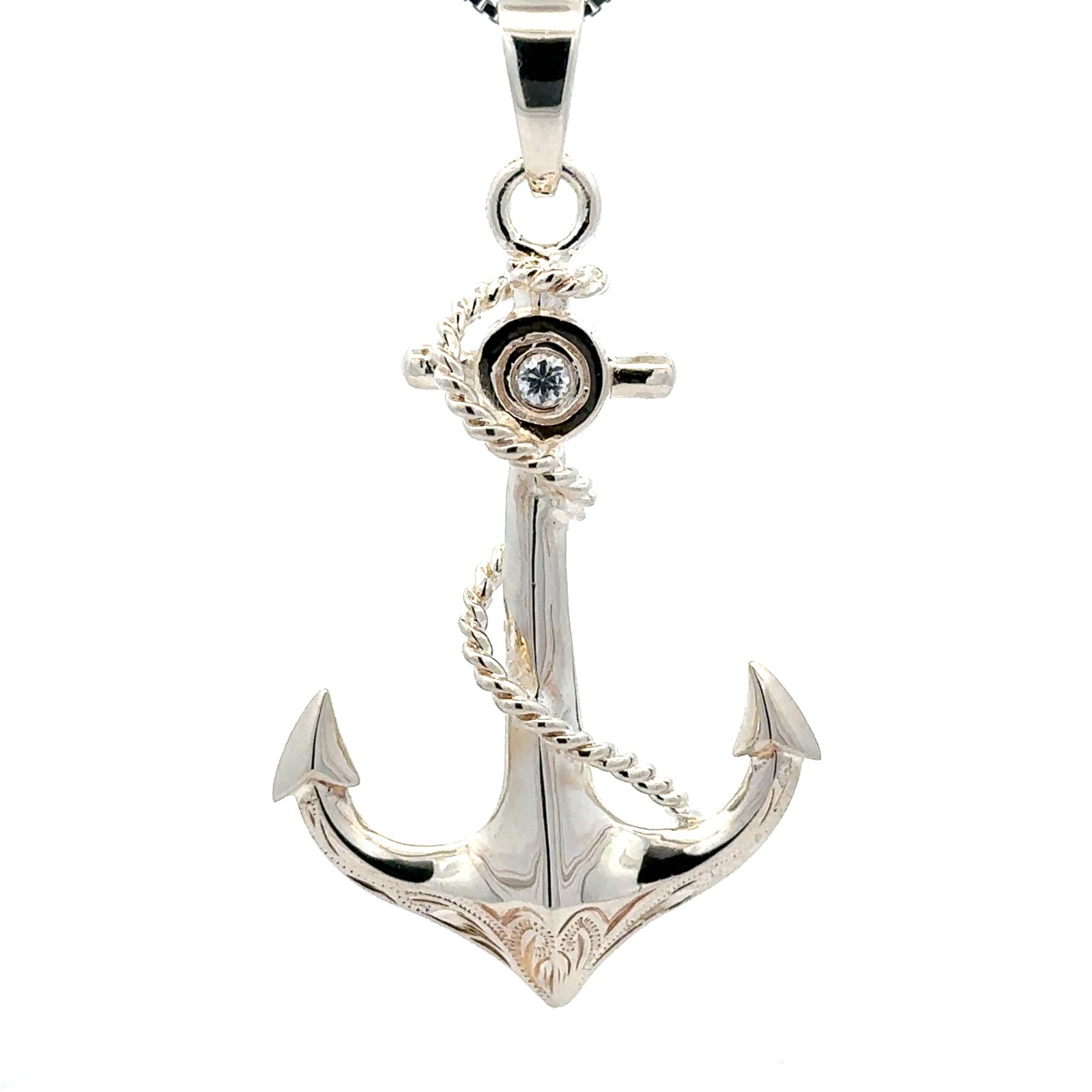 Sterling Silver Anchor Pendant -Solid- with CZ ( 2 3/8in. x 1.25in.)