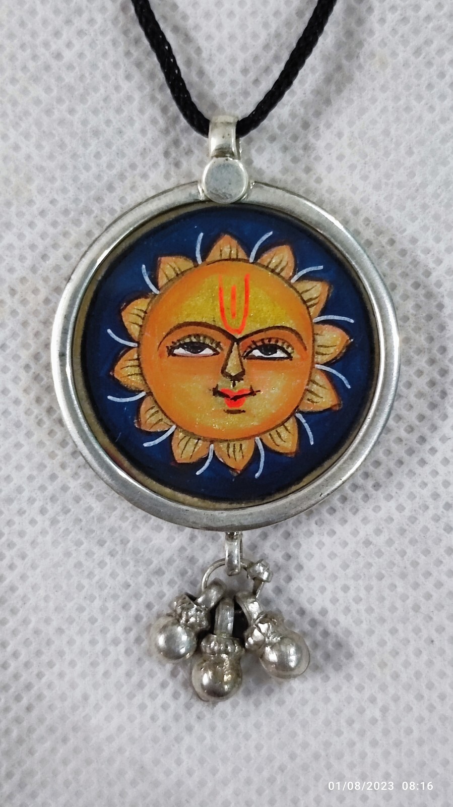 Handmad Art Painting Glass Framed 92.5 Silver Dangles Pendant Deity Sun Necklace