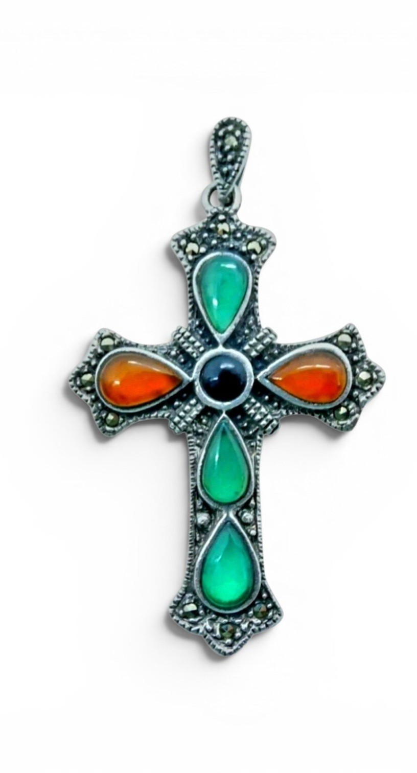 Sterling Silver Gemstone & Marcasite Cross, Maker’s Mark “HC”