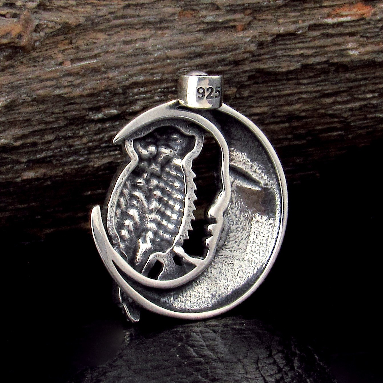 Solid 925 Sterling Silver Owl on Crescent Moon Pendant, Wiccan / Pagan Jewelry