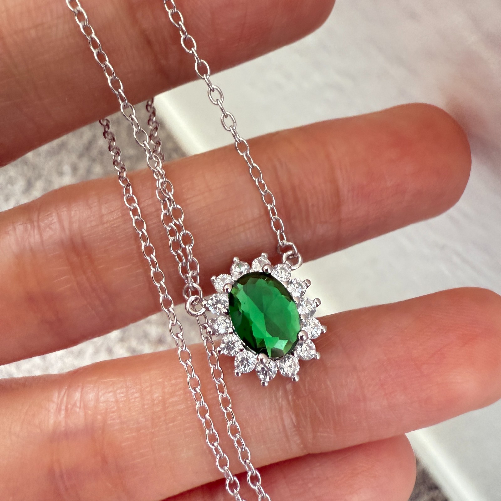 925 Sterling Silver Necklace 8x6mm Natural Emerald Zircon Flower Handmade Chain